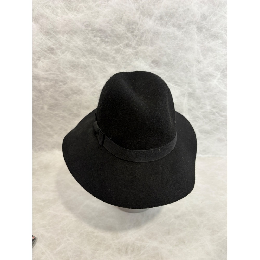 Old Navy Black 100% Wool Fedora Wide Brim Hat with Ribbon Bow S-M‎